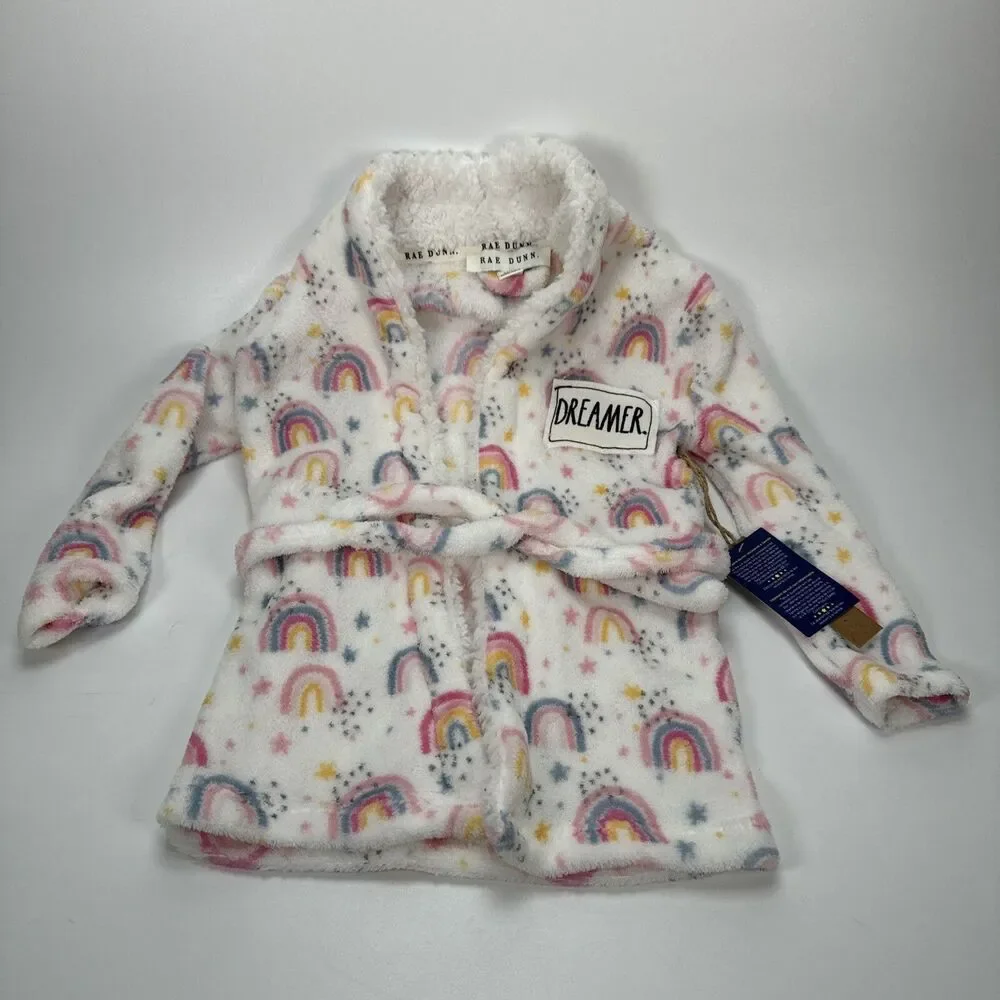 NWT Toddler Little Girl Rae Dunn Dreamer Patch Rainbow Print Fleece Robe
